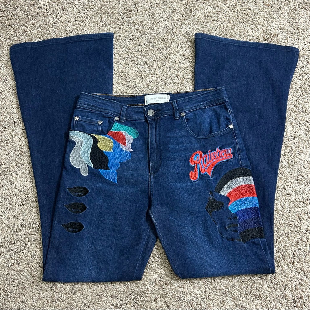 Jazmin Chebar Womens Size 29 Jeans Embroidered Detail Wide Leg